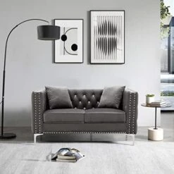 Fulocseny 2 Piece Modern Velvet Upholstered Living Room Set With 3-Seater Sofa And Loveseat, Jeweled Button Tufted Copper Nails Square Arms, 4 Pillows Included, Grey,5 Seater (Grey + Velvet) -Safavieh Furnitue Shop 41CgS63GmXL. AC