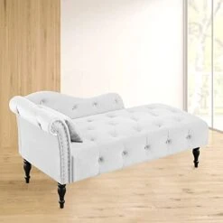 Holaki Velvet Chaise Lounge,Indoor Accent Chaise Chair With Pillow,Button Tufted Right Arm Facing Lounge Chair With Nailhead Trim & Solid Wood Legs,Modern Sleeper Sofa For Living Room (White) -Safavieh Furnitue Shop 41CzZPk69pL