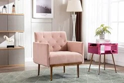 SLEERWAY Modern Velvet Single Sofa Chair, Upholstered Accent Living Room Chair, Comfy Armchair With Rose Golden Metal Legs, Tufted Chair For Reading Or Lounging (Pink) -Safavieh Furnitue Shop 41DMEM7YxbS