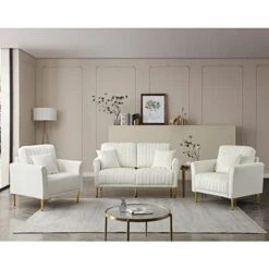 KIVENJAJA 3 Piece Living Room Furniture Set, Including 2 Accent Chair And 1 Loveseat Sofa Couch With Velvet Upholstery, Channel Tufted & 4 Pillows For Living Room Apartment, Beige