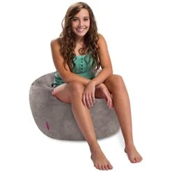 Posh Creations Structured Comfy Bean Bag Chair For Gaming, Reading, And Watching TV, 100in Round Classic Bean Bag, Rabbit Fur - Gray