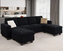 Belffin Velvet U Shaped Sectional Sofa Couch With Storage Ottoman Convertibel Sectional Sofa With Reversible Chaises Black