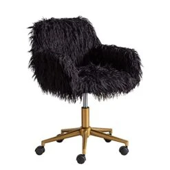 KCC Fluffy Office Desk Chair, Faux Fur Modern Swivel Armchair With Wheels, Soft Comfy Fuzzy Elegant Accent Makeup Vanity Chairs For Women Girls, Home Living Dressing Room Bedroom, Black