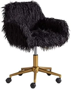 KCC Fluffy Office Desk Chair, Faux Fur Modern Swivel Armchair With Wheels, Soft Comfy Fuzzy Elegant Accent Makeup Vanity Chairs For Women Girls, Home Living Dressing Room Bedroom, Black -Safavieh Furnitue Shop 41GJmMStXYL. AC