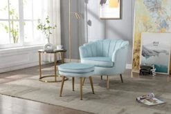 Modern Velvet Accent Chair With Ottoman Set, Upholstered Tufted Barrel Chair Leisure Chair With Footrest And Metal Legs For Living Reading Room Bedroom Office (Light Blue) -Safavieh Furnitue Shop 41GSdvbwTXL