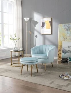 Modern Velvet Accent Chair With Ottoman Set, Upholstered Tufted Barrel Chair Leisure Chair With Footrest And Metal Legs For Living Reading Room Bedroom Office (Light Blue)