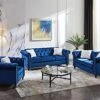 3-Piece Velvet Upholstered Living Room Furniture Set, Including 3-Seater Sofa, Loveseat And Single Sofa Chair With Button And Copper Nail On Arms And Back, Five White Villose Pillows Included, Blue