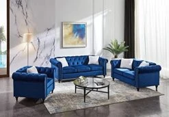 3-Piece Velvet Upholstered Living Room Furniture Set, Including 3-Seater Sofa, Loveseat And Single Sofa Chair With Button And Copper Nail On Arms And Back, Five White Villose Pillows Included, Blue -Safavieh Furnitue Shop 41HOM0mtDHL. AC