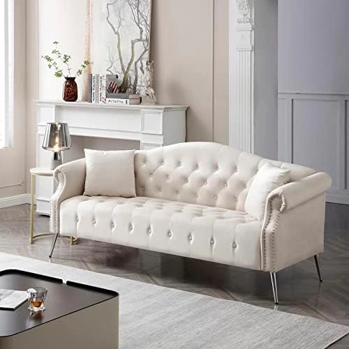 Homtique Sofa Set For Living Room 2 Piece, Modern Velvet Loveseat Sofa Set Upholstered Button Tufted Nailhead Trimming Rolled Arm And Metal Legs, Velvet Sofa Couch With 4 Pillows For Home (Beige) 10 Homtique Sofa Set For Living Room 2 Piece, Modern Velvet Loveseat Sofa Set Upholstered Button Tufted Nailhead Trimming Rolled Arm And Metal Legs, Velvet Sofa Couch With 4 Pillows For Home (Beige) - Image 10