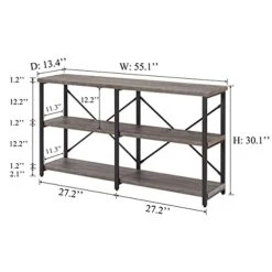 BON AUGURE Rustic Console Table Behind Sofa, Industrial Entryway Table With Storage Shelves, 3 Tier Long Bookshelf For Entry (55 Inch, Dark Grey Oak)