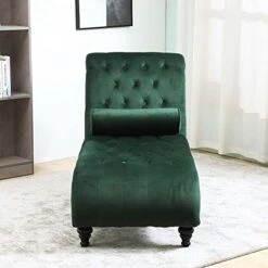 Paddie Velvet Button-Tufted Chaise Lounge Chair Leisure Sofa Chaise Chair W/Bolster Pillow, Nailhead Trim And Turned Legs For Indoor Living Room (Green) -Safavieh Furnitue Shop 41JVQmwpyoL