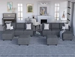 LLappuil Modular Sectional Sofa With Storage, Faux Leather Fabric 7 Seater Modular Sofa With Reversible Chaise, 112 Inch Convertible U Shape Sectional Couch With Ottomans, Aqua Blue -Safavieh Furnitue Shop 41JhuOct7cL. AC