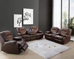 Nautery Leather Recliner Sofa,Living Room Furniture Set, Leather Sofa Set With Storage Console & Cup Holder For Office/Apartment(3 Pieces,Brown) -Safavieh Furnitue Shop 41LuX7GvOxL. AC