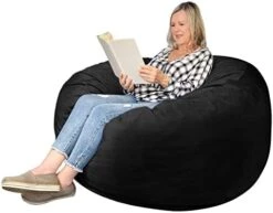 EDUJIN 4 Ft Bean Bag Chairs For Adults With Filling: 4' Large Memory Foam Filled Bean Bag Chairs For Teens,Ultra Soft Dutch Velvet Cover,Round Fluffy Lazy Sofa For Living Room - 4 Foot, Black -Safavieh Furnitue Shop 41Mdkdl1VqL. AC