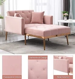 SLEERWAY Velvet 2 In 1 Chaise Lounge Chair Indoor, Modern Single Sofa Bed With Two Pillows, Recliner Chair With 3 Adjustable Angles, Convertible Sleeper Chair For Living Room And Bedroom (Pink) -Safavieh Furnitue Shop 41OnfHZueZL