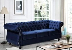 Container Furniture Direct Feinstein Modern Velvet Chesterfield Couches For Living Room With Nailheads, Diamond Tufting & Durable Metal Frame, Loveseat, Sofa, Dark Blue -Safavieh Furnitue Shop 41OzLz7OzKL