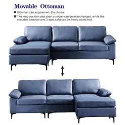 Ovios Mid-Century Modern Sofa 3-Seat L-Shape Sectional Sofa Couch With Chaise And Movable Ottoman For Living Room Lounge Office, 100" W, Faux Leather (Blue) -Safavieh Furnitue Shop 41PIblHF0gL