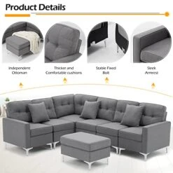 Esright Convertible Sectional Sofa Couch For Living Room, L Shaped Couch With Reversible Chaise, Grey Modular Sectional Sofa Couch With Ottoman, Grey -Safavieh Furnitue Shop 41PdBIFxKEL