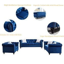 3-Piece Velvet Upholstered Living Room Furniture Set, Including 3-Seater Sofa, Loveseat And Single Sofa Chair With Button And Copper Nail On Arms And Back, Five White Villose Pillows Included, Blue -Safavieh Furnitue Shop 41PuaTbtQnL