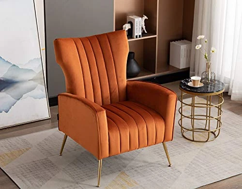Artechworks Curved Tufted Accent Chair With Metal Gold Legs Velvet Upholstered Arm Club Leisure Modern Chair For Living Room Bedroom Patio, Caramel Color, Orange 2 Artechworks Curved Tufted Accent Chair With Metal Gold Legs Velvet Upholstered Arm Club Leisure Modern Chair For Living Room Bedroom Patio, Caramel Color, Orange - Image 2