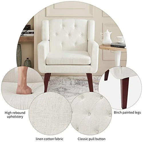 Accent Chair Button-Tufted Upholstered Living Room Chairs Comfy Reading Chair Mid Century Modern Chair With Linen Fabric Lounge Arm Chairs For Living Room Bedroom (Beige) 4 Accent Chair Button-Tufted Upholstered Living Room Chairs Comfy Reading Chair Mid Century Modern Chair With Linen Fabric Lounge Arm Chairs For Living Room Bedroom (Beige) - Image 4