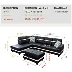 A Ainehome Sectional Couch Set L Shape 103" Wide Sofa Faux Leather For Living Room With Chaise Lounge And Removable Ottoman For Home Furniture Room Decor (Left Hand Facing,Black) -Safavieh Furnitue Shop 41RlbBzy6aL