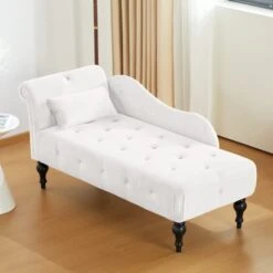 GENERIC Tufted Upholstered Velvet Rolled Arm Chaise Lounges Indoor Chair, Right Arm Facing Chaise Lounge With Nailhead Trim For Living Room Bedroom Office(White), 27.5D X 60.6W X 28.3H In