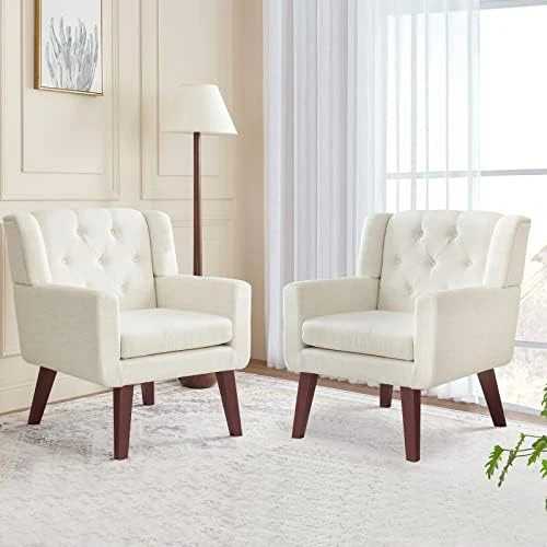 Accent Chair Button-Tufted Upholstered Living Room Chairs Comfy Reading Chair Mid Century Modern Chair With Linen Fabric Lounge Arm Chairs For Living Room Bedroom (Beige) 7 Accent Chair Button-Tufted Upholstered Living Room Chairs Comfy Reading Chair Mid Century Modern Chair With Linen Fabric Lounge Arm Chairs For Living Room Bedroom (Beige) - Image 7