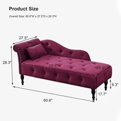KIVENJAJA Velvet Chaise Lounge Indoor, 60” Tufted Upholstered Lounge Chair With Pillow & Rolled Arm Nailhead Trim For Bedroom Living Room Office, Burgundy