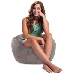 Posh Creations Structured Comfy Bean Bag Chair For Gaming, Reading, And Watching TV, 100in Round Classic Bean Bag, Rabbit Fur - Gray -Safavieh Furnitue Shop 41TjswI6KiL