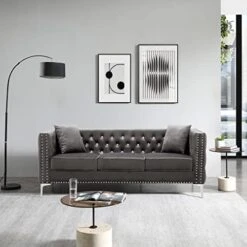 Fulocseny 2 Piece Modern Velvet Upholstered Living Room Set With 3-Seater Sofa And Loveseat, Jeweled Button Tufted Copper Nails Square Arms, 4 Pillows Included, Grey,5 Seater (Grey + Velvet) -Safavieh Furnitue Shop 41U0U8HlfEL. AC