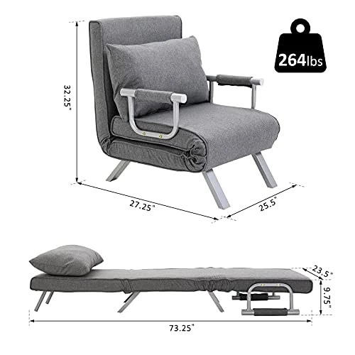 HOMCOM Single Person Folding 5 Position Convertible Sofa Bed Sleeper Chair Chaise Lounge Couch W/Pillow & Steel Frame For Home Office, Light Grey 3 HOMCOM Single Person Folding 5 Position Convertible Sofa Bed Sleeper Chair Chaise Lounge Couch W/Pillow & Steel Frame For Home Office, Light Grey - Image 3