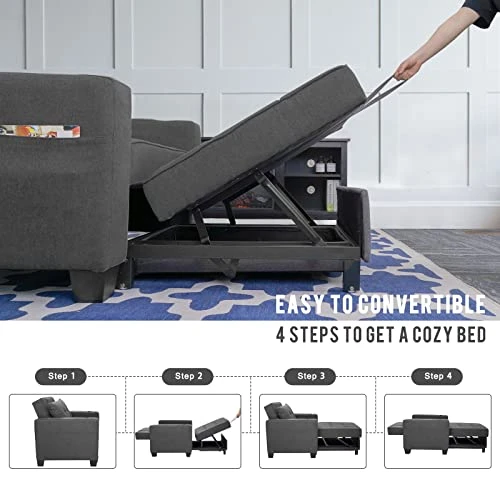 DURASPACE Futon Sofa Bed, 3 In 1 Convertible Sofa Chair Bed, Adjustable Backrest Chair, Chaise Lounge With USB Ports, Cup Holder, Side Pocket, Storage Box For Living Room (Dark Gray Linen) 5 DURASPACE Futon Sofa Bed, 3 In 1 Convertible Sofa Chair Bed, Adjustable Backrest Chair, Chaise Lounge With USB Ports, Cup Holder, Side Pocket, Storage Box For Living Room (Dark Gray Linen) - Image 5