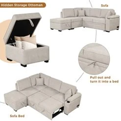 Merax L Shaped Sectional Sofa Couch Sleeper Bed With Storage Ottoman And Chaise For Living Room, Small Apartment Love Seats, Beige_Linen -Safavieh Furnitue Shop 41VNEPPVqSL