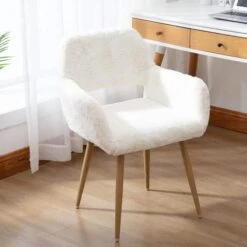 SSLine Faux Fur Vanity Chair Elegant White Furry Makeup Desk Chairs For Girls Women Modern Comfy Fluffy Arm Chair With Wood Look Metal Legs In Bedroom Living Room