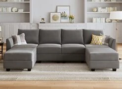 HONBAY Modular Sectional Sofa Convertible U Shaped Couch With Reversible Chaise Velvet Modular Sofa Sectional Couch With Storage Ottoman, Grey
