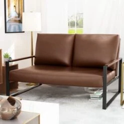 AWQM Mid-Century Retro Modern Living Room Sofa Set With Loveseat And Accent Chair, Faux Leather Loveseat Sofa And Armchair Sofa Chair For Small Space, Office, 105 Degree Slant Back, Grey -Safavieh Furnitue Shop 41W3r7cTTHL. AC
