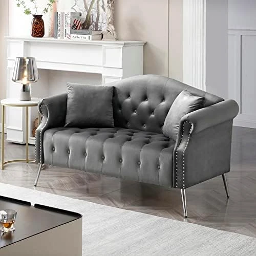 Homtique Sofa Set For Living Room 2 Piece, Modern Velvet Loveseat Sofa Set Upholstered Button Tufted Nailhead Trimming Rolled Arm And Metal Legs, Velvet Sofa Couch With 4 Pillows For Home (Beige) 14 Homtique Sofa Set For Living Room 2 Piece, Modern Velvet Loveseat Sofa Set Upholstered Button Tufted Nailhead Trimming Rolled Arm And Metal Legs, Velvet Sofa Couch With 4 Pillows For Home (Beige) - Image 14