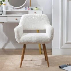 SSLine Faux Fur Vanity Chair Elegant White Furry Makeup Desk Chairs For Girls Women Modern Comfy Fluffy Arm Chair With Wood Look Metal Legs In Bedroom Living Room -Safavieh Furnitue Shop 41WilogcU5L