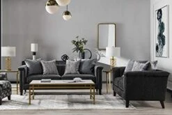 Acanva Luxury Tuxedo Velvet Channel Tufted Key Arm Living Room Sofa, 2 Piece Set, Grey