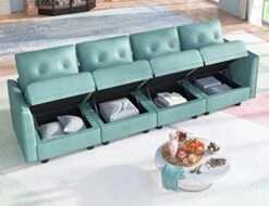 LLappuil Modular Sofa Faux Leather Fabric 112" Sectional Couch 4 Seater With Storage Seats Modern Sectional Sofa For Living Room, Office, Aqua Blue -Safavieh Furnitue Shop 41X44R1UU7L