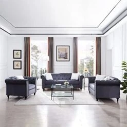 3-Piece Velvet Upholstered Living Room Furniture Set, Including 3-Seater Sofa, Loveseat And Single Sofa Chair With Button And Copper Nail On Arms And Back, Five White Villose Pillows Included, Blue -Safavieh Furnitue Shop 41XqwBUF oL. AC