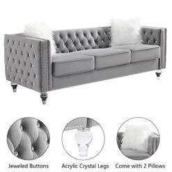 Mikibama Velvet Loveseat Sofa Couch Set For Living Room, Modern Decor Furniture Tufted Sofa Set With Nailhead Acrylic Legs And 2 Pillows For Bedroom, Hall(Grey) -Safavieh Furnitue Shop 41YhEfUna0L