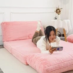 N&V Folding Matress Sofa Bean Bag, Foam Filling Folding Matress Sofa, Includes Removable And Machine Washable Cover, Soft Faux Fur (Pink) -Safavieh Furnitue Shop 41Z0ow3S8AL