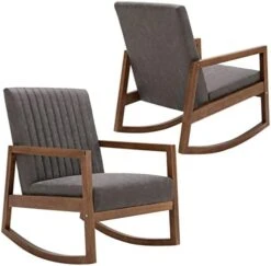 HNY Mid Century Rocking Nursery Chair With Wood Frames, Faux Leather Upholstered Farmhouse Living Room Armchair, For Living Room Bedroom, Light Brown -Safavieh Furnitue Shop 41Z7NHsL BL. AC