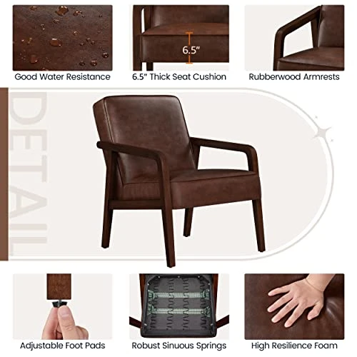 Yaheetech PU Leather Accent Chair, Mid-Century Modern Barrel Chair With Wooden Frame And Soft Thick Padded For Living Room Bedroom Home Office, Set Of 2, Dark Brown 6 Yaheetech PU Leather Accent Chair, Mid-Century Modern Barrel Chair With Wooden Frame And Soft Thick Padded For Living Room Bedroom Home Office, Set Of 2, Dark Brown - Image 6