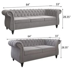 MIYZEAL 2 Pieces Living Room Sectional Sofa Set, Modern Velvet Button Tufted Chesterfield Sofa With Rolled Arm, Classic Upholstered Low Back Loveseat 3 Seater Couch For Living Room (Gray) -Safavieh Furnitue Shop 41bEK3190VL