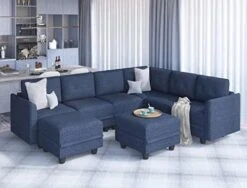 LLappuil Modular Sectional Sofa With Storage, Faux Leather Fabric 7 Seater Modular Sofa With Reversible Chaise, 112 Inch Convertible U Shape Sectional Couch With Ottomans, Aqua Blue -Safavieh Furnitue Shop 41bLeMA77L. AC
