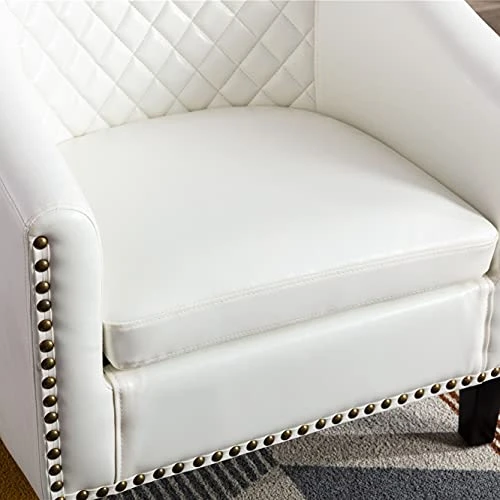 SSLine Modern White Leather Upholstered Accent Arm Chair Soft Barrel Club Chairs For Living Room Comfy Single Sofa Office Guest Chatting Chair With Solid Wood Legs And Nailhead For Bedroom (White) 2 SSLine Modern White Leather Upholstered Accent Arm Chair Soft Barrel Club Chairs For Living Room Comfy Single Sofa Office Guest Chatting Chair With Solid Wood Legs And Nailhead For Bedroom (White) - Image 2