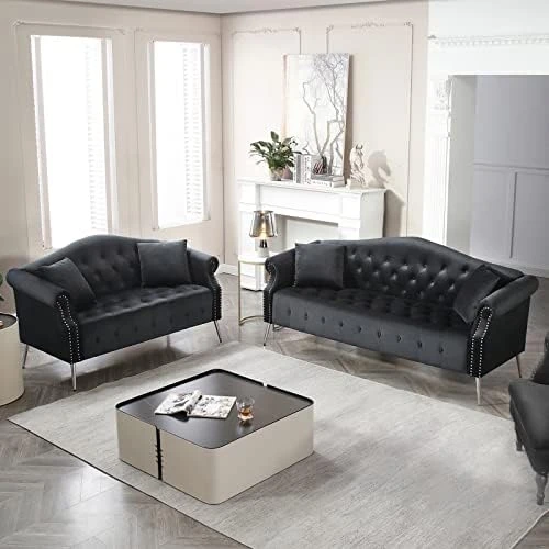 Homtique Sofa Set For Living Room 2 Piece, Modern Velvet Loveseat Sofa Set Upholstered Button Tufted Nailhead Trimming Rolled Arm And Metal Legs, Velvet Sofa Couch With 4 Pillows For Home (Beige) 13 Homtique Sofa Set For Living Room 2 Piece, Modern Velvet Loveseat Sofa Set Upholstered Button Tufted Nailhead Trimming Rolled Arm And Metal Legs, Velvet Sofa Couch With 4 Pillows For Home (Beige) - Image 13